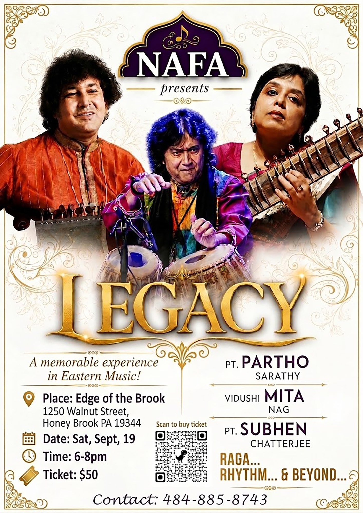 Concert poster for Legacy, presented by NAFA. Pt. Partho Sarathy on sarod, Pt. Subhen Chatterjee on tabla and Vidushi Mita Nag on sitar. Saturday, Sept 19, 2026 at 6 pm, Edge of the Brook, 1250 Walnut Street, Honey Brook PA 19344. Ticket: $50.